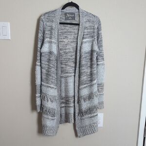 Gray Knit Open-Front Long Cardigan
